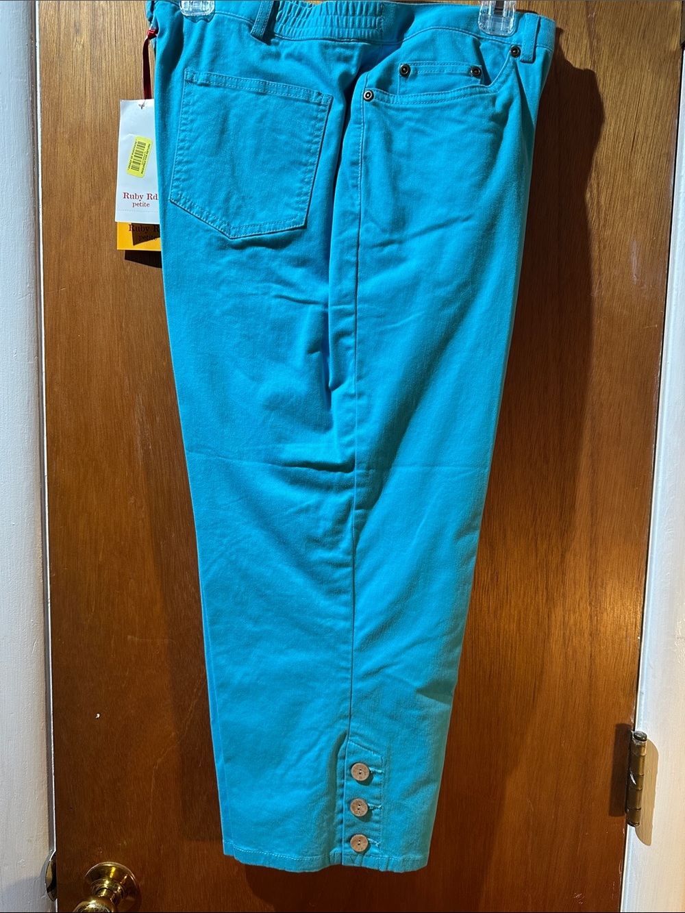 Ruby Rd. Bright Turquoise Cropped Button-Hem Pants - Picture 3 of 6